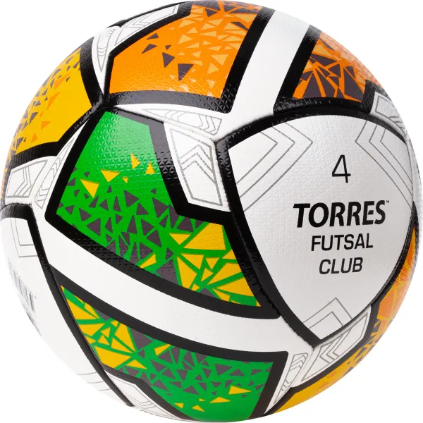 Мяч футзал. TORRES Futsal Club, FS323764, р.4, 10 пан. ПУ, 4 под. сл, гибрид. сш. бело-зел-оранж за 2&nbsp;264.40 ₽ в Балашихе